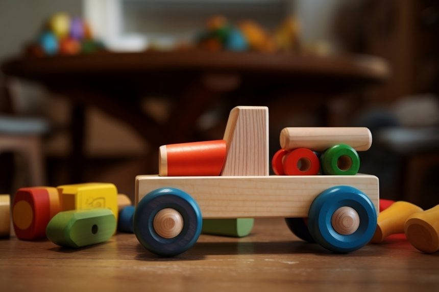 Ein Holzspielzeug-LKW mit blauen Rädern und ein paar Bauklötzen unterschiedlicher Farben im Hintergrund