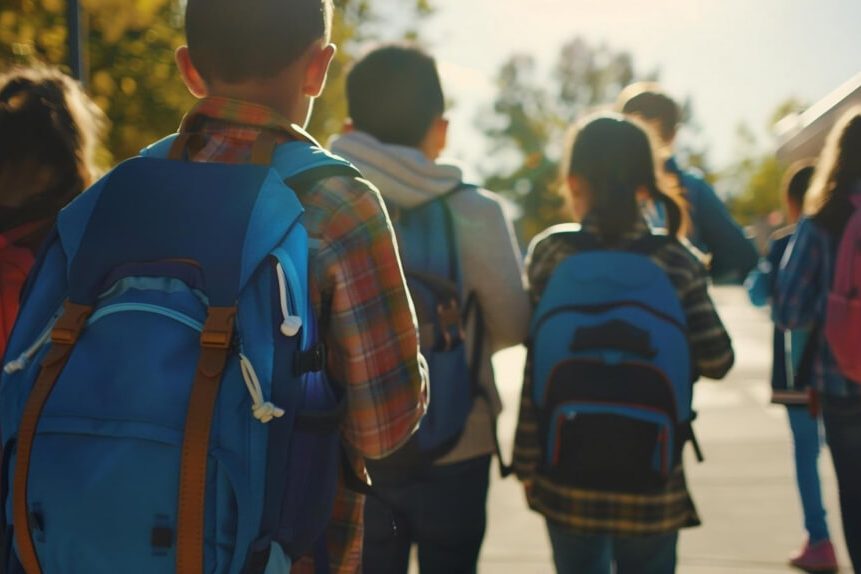 Kinder auf dem Weg zur Schule mit Rucksack auf dem Rücken