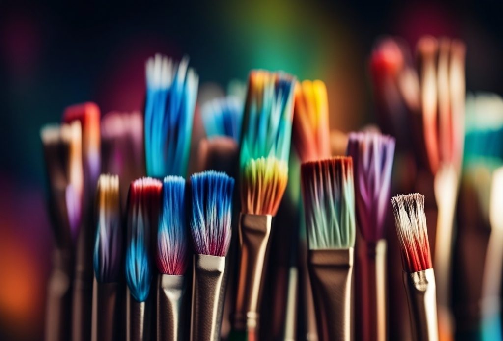 Viele bunte, unterschiedliche Pinsel in einem Behälter mit den Borsten nach oben (trockener Zustand / Lagerung)