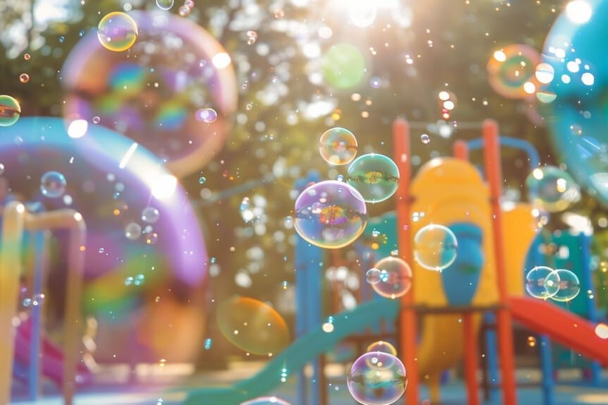 Viele bunte Seifenblasen, im Hintergrund erkennt man einen Spielplatz mit Rutsche und Kletterturm.