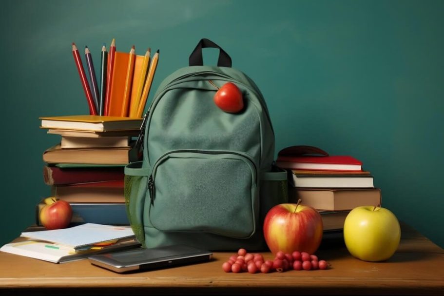 Ein Holzspielzeug-LKW mit blauen Rädern und ein paar Bauklötzen unterschiedlicher Farben im Hintergrund